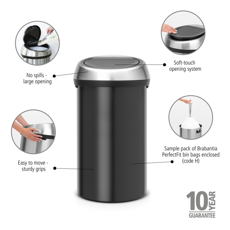 Brabantia 60 Litre Touch Bin, Matt Black / Matt Steel