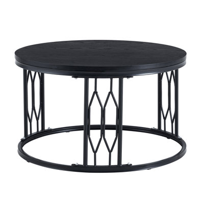 Black Round MDF Coffee Table, 27.5-inch Diameter. A round coffee table for the living room featuring a rustic industrial design, with sturdy metal frame legs and easy assembly.