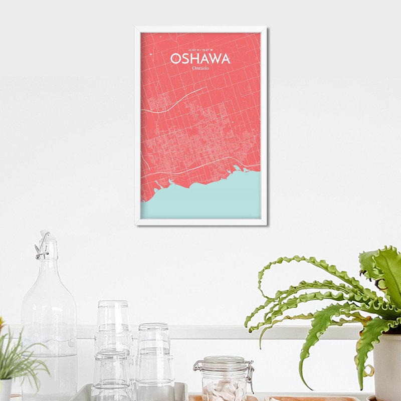 " Oshawa Canada City Map ", 17" H x 11" W, Pink/Baby Blue
