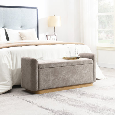 Banc de 49 po avec rangement, banc de rangement avec charnière de sécurité, base en métal doré avec cadre en bois, banc de hall d'entrée rembourré pour chambre à coucher, salon, capacité de poids jusqu'à 350 lb, brun