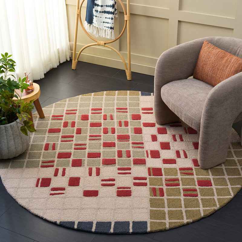 Tapis gris / rouge / beige en laine / coton touffeté à la main Elswick, Rond 6 pi