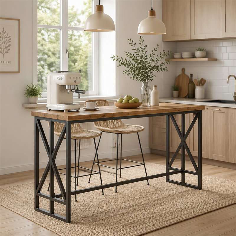62.6" Rectangular Bar Table, Farmhouse Counter Height Pub Table with Metal Footrest for Coffee Bar