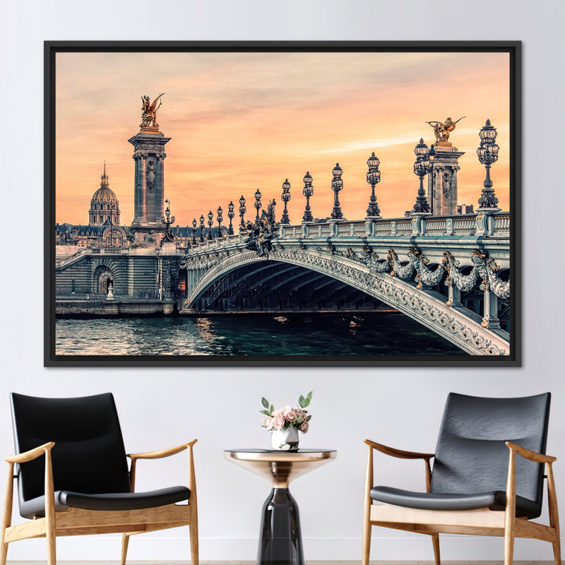 «Parisian Sunset Wall Art mettant en vedette le pont d'Alexandre III - Paysage sur toile», H 41 po x l 94 po, Noir