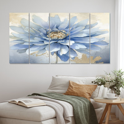 Floraison de fleurs de chrysanthème bleu rétro - décoration murale fleurs - 5 panneaux égaux