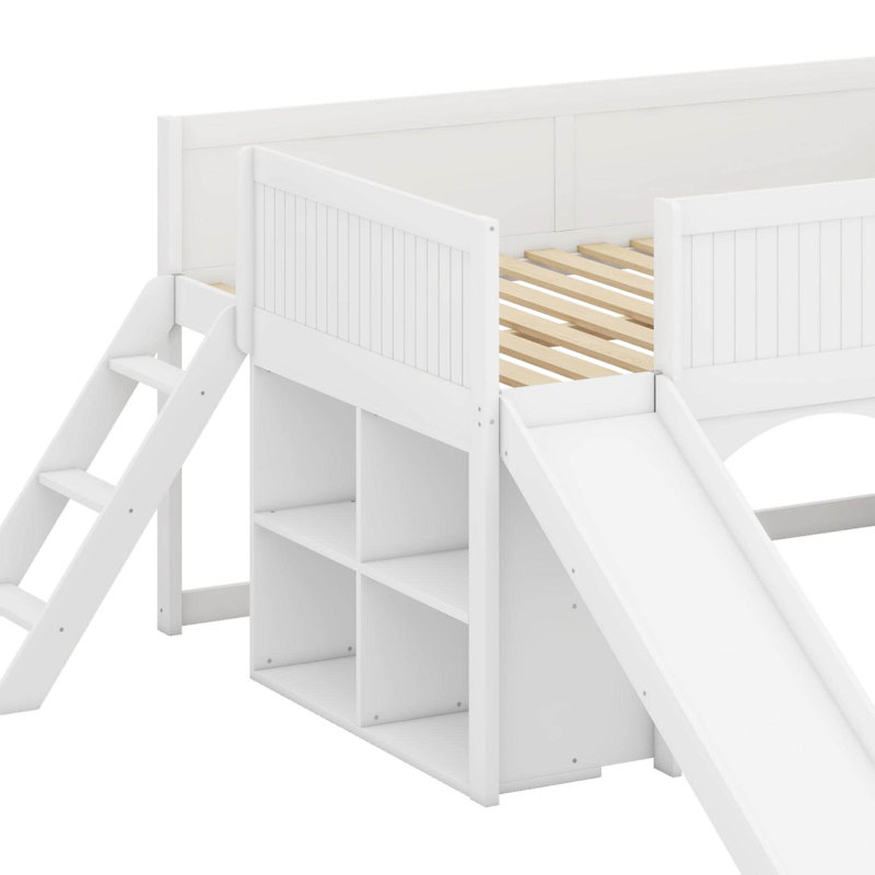 Full Size Wooden Low Loft Bed With Storage Shelves And Slide,Door And Window, Multiple Functions Wooden Low Loft, White