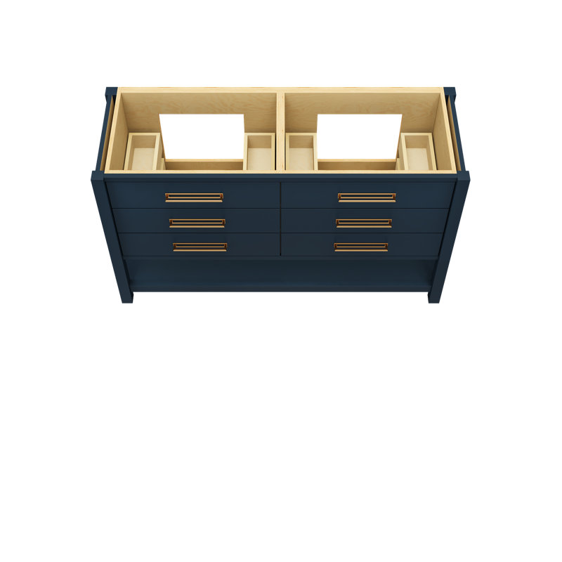 Kiawah Double Drawer Bath Vanity, Hague Blue, Satin Gold, 60"