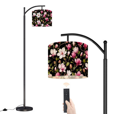  Arc Floor Lamp Pink White Magnolia Blossom Tall Modern Standing Lamp LED Adjustable Linen Lampshade 3 Color Temperatures