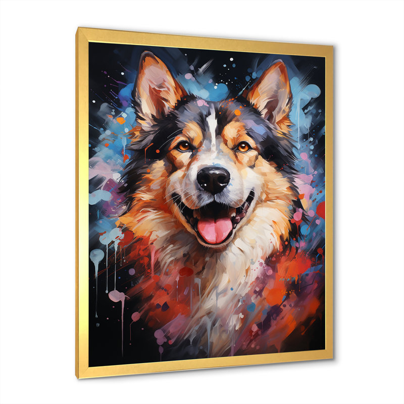 Chien Akita Aurora IV sur toile, Cadre doré simple, H 40 po x l 30 po x P 1,5 po