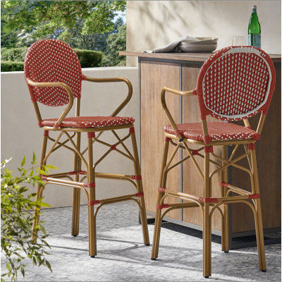 Ensemble de 2 tabourets de bar d'extérieur en osier et aluminium 29,5 po, rouge, finition bambou
