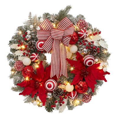 Couronne de Noël pré-illuminée de 61 cm avec nœud rouge, baies et pommes de pin, lumières DEL blanc chaud, décoration de Noël intérieure et extérieure