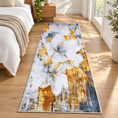Tapis abstrait antidérapant lavable à la machine Katon en jaune / blanc / gris pour le salon, la chambre à coucher, les tapis d'intérieur de couloir