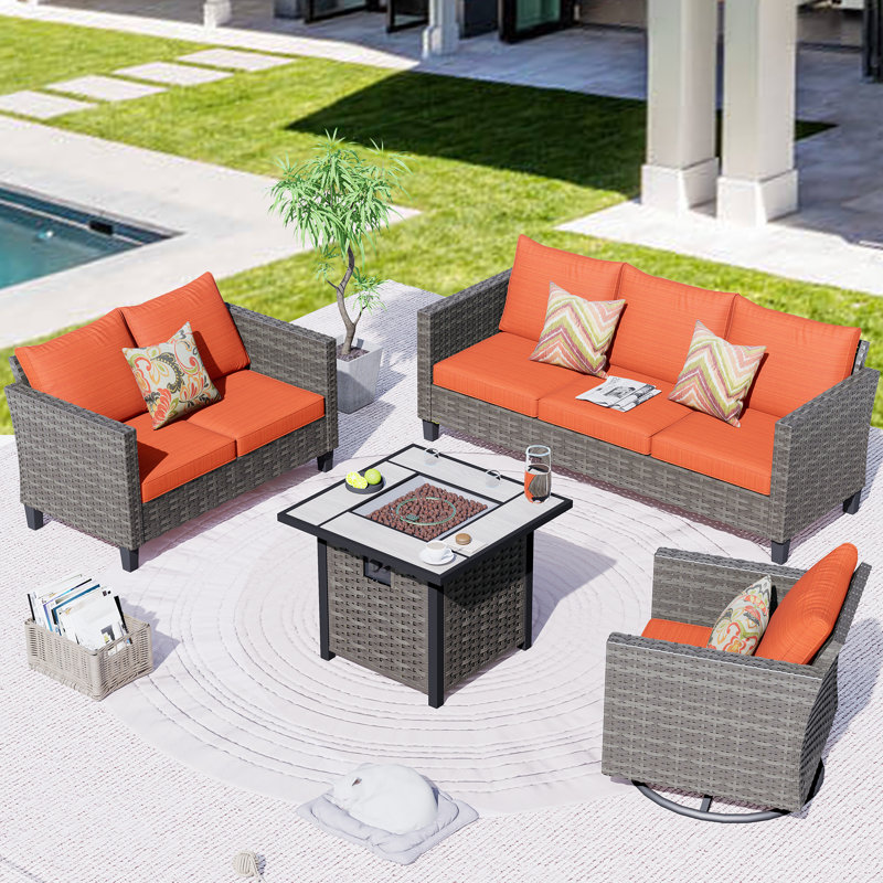 Meriyah Premium All-Weather Wicker 6 - Person Patio Conversation Set with Cushions, Orange Red