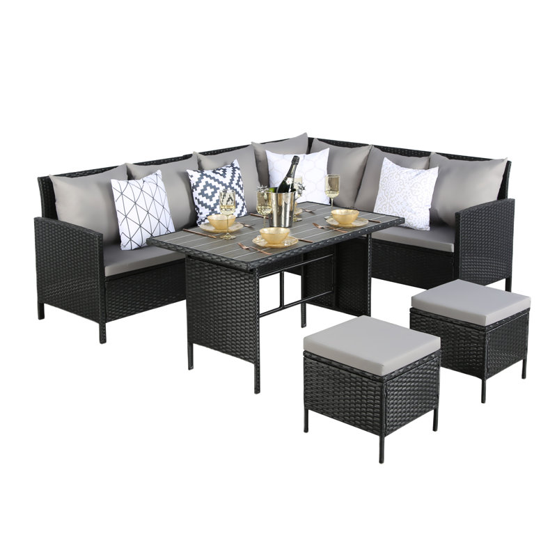 Wicker 7 - Person Garden Lounge Set with Cushions, Black, Grey