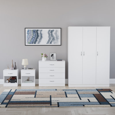 Tayce 4 Piece Bedroom Set (1 Drawer Bedside Chest X2, 4 Drawer Chest, 3 Door Wardrobe)