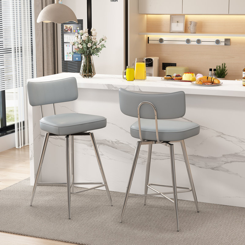 Light Gray Leather Swivel Counter Stools with Silver Metal Frame