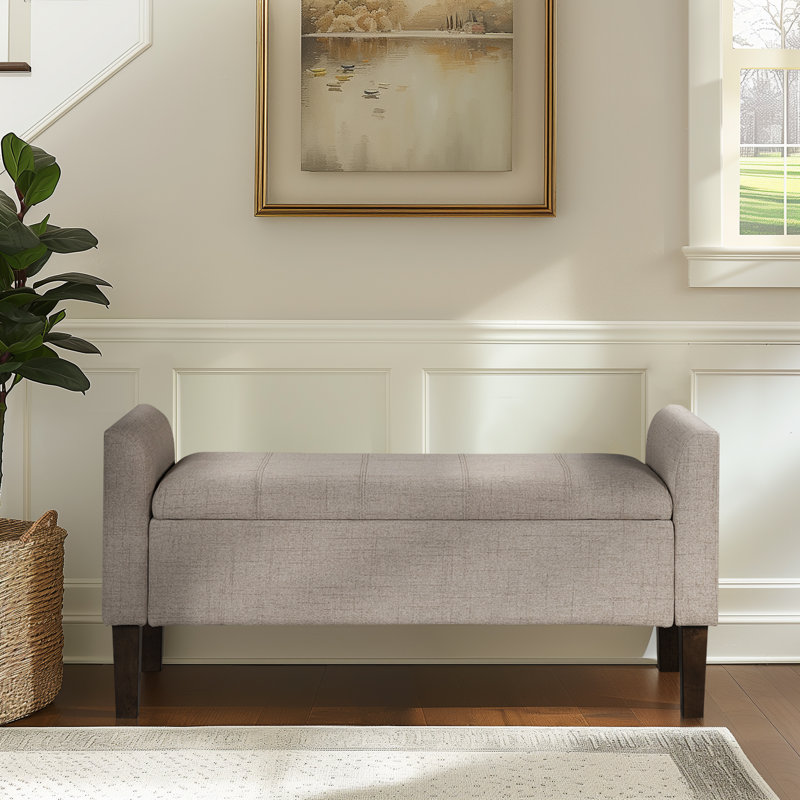 Light Taupe Upholstered Flip-Top Storage Bench with Wood Legs