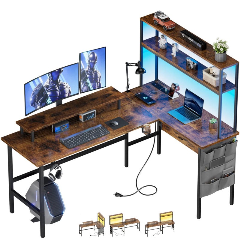 HLDIRECT 59 Inch Reversible L-Shaped Gaming Desk with LED Lights, Power Outlets & Drawer, 2-Person Home Office Desk with Monitor Stand, Shelves & Storage Bag, for Gaming, Work & Streaming, Rustic Brown