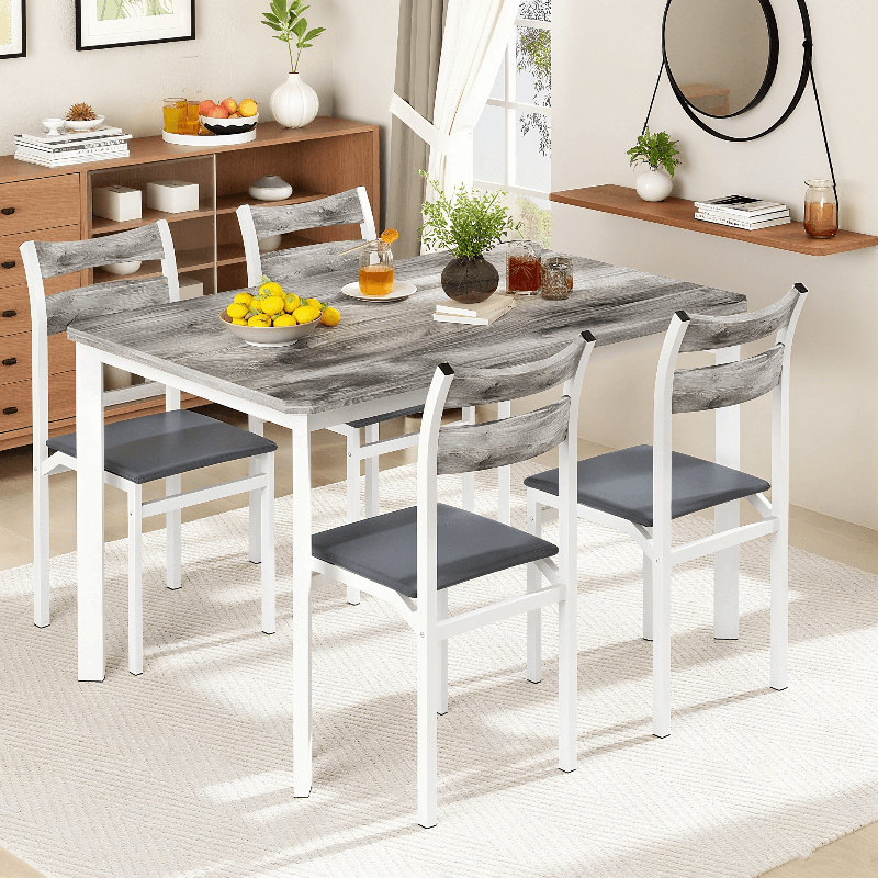 Dining Table Set For 4, 43.3" Kitchen Table And Chairs Set Of 4, 5-Piece Industrious Wood Dining Room Table Set With 4 Upholstered PU Leather Chairs For Small Space, Breakfast Nook, Apartment