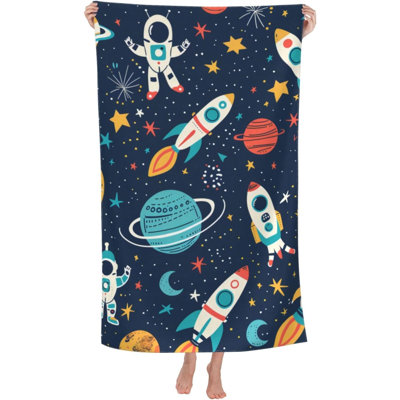 Serviette de plage Aventure spatiale, en microfibre à séchage rapide, motif astronaute, fusée et planète, douce, légère et surdimensionnée, antisable, idéale pour les voyages, la piscine, la salle de sport et la décoration. Parfait comme cadeau. Dimensions : 81 x 160 cm. Livrée avec un sac fourre-tout blanc en toile, style plage.