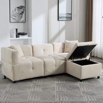 80" L-Shaped Sectional Sofa with Storage Ottoman and Pillows, Modular Couch for Apartment or Office