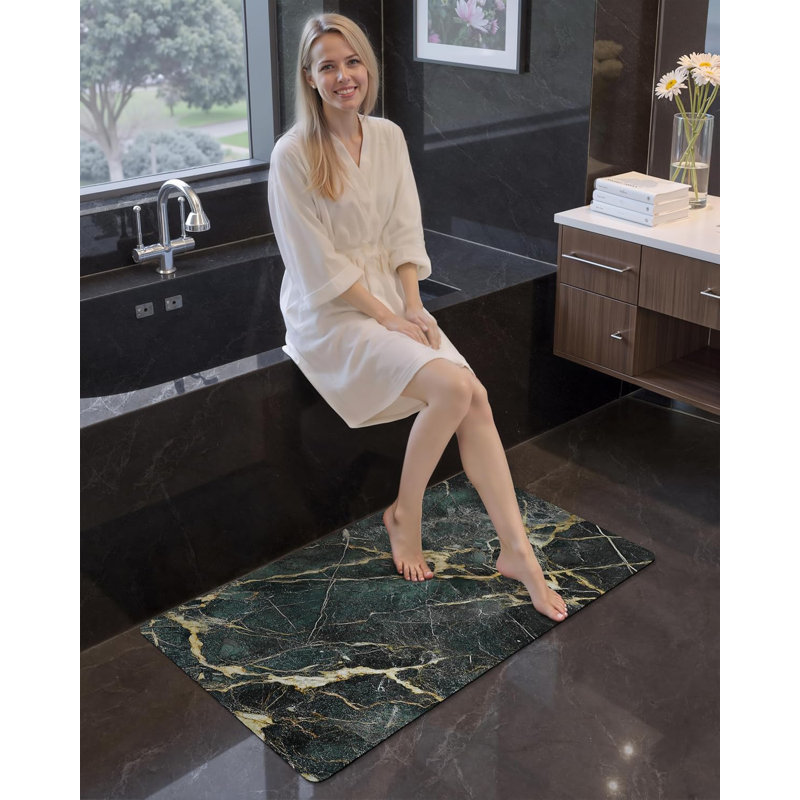 Tapis de bain ultra mince, tapis antidérapant à séchage rapide, tapis de bain en marbre absorbant, tapis en caoutchouc lavable pour plancher de douche, devant la baignoire, décor de salle de bain, motif de marbre émeraude