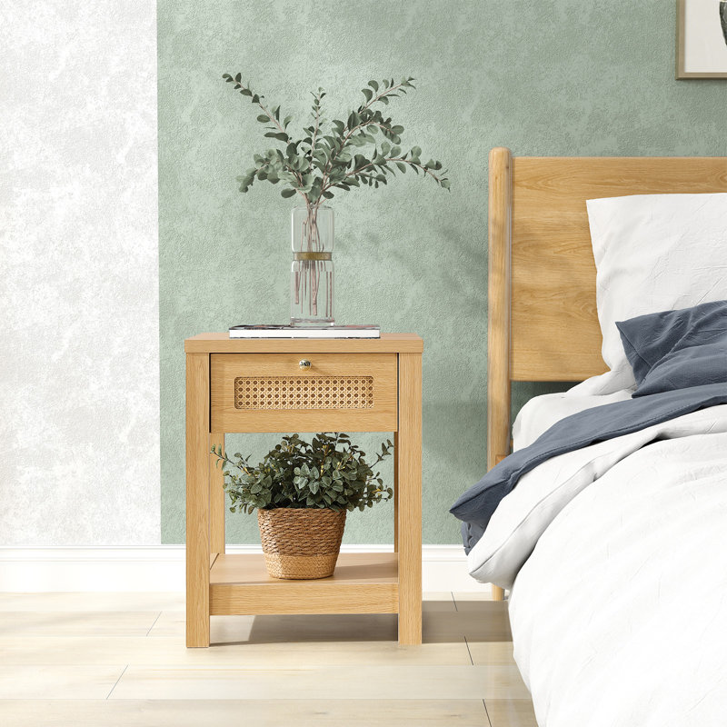 Boho Nightstand with Drawer and Shelf, Natural