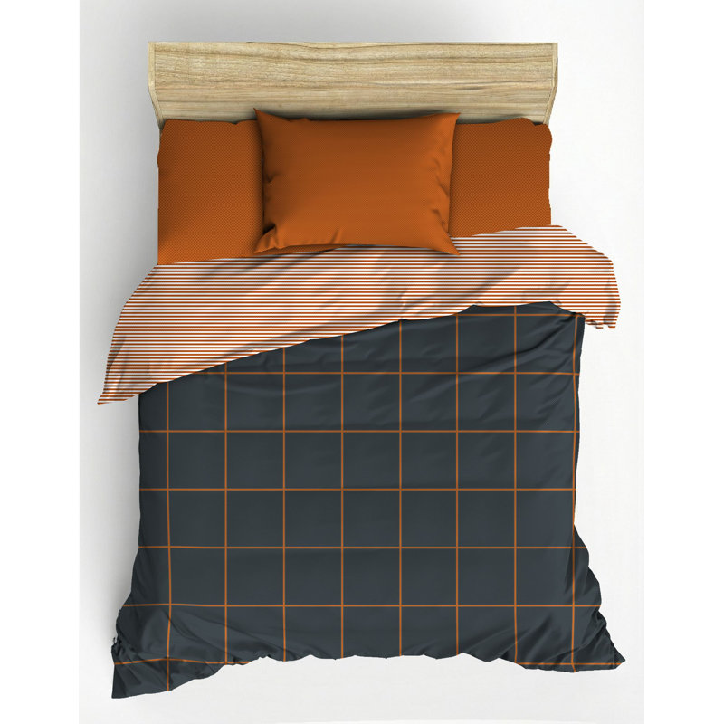 Ensemble de housse de couette 100% coton Ranforce, cannelle et bleu foncé, housse de couette 53,1 po x 78,7 po et taie d'oreiller 31,5 po x 31,5 po | Lavable à la machine, enveloppe et fermeture à boutons, douce et durable | Parfait pour les chambres confortables