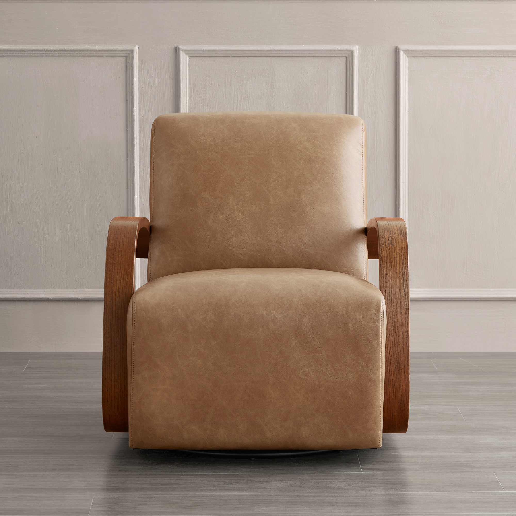 Brehana Swivel Armchair, Cognac Pebbled Vegan Leather, Hearth Walnut