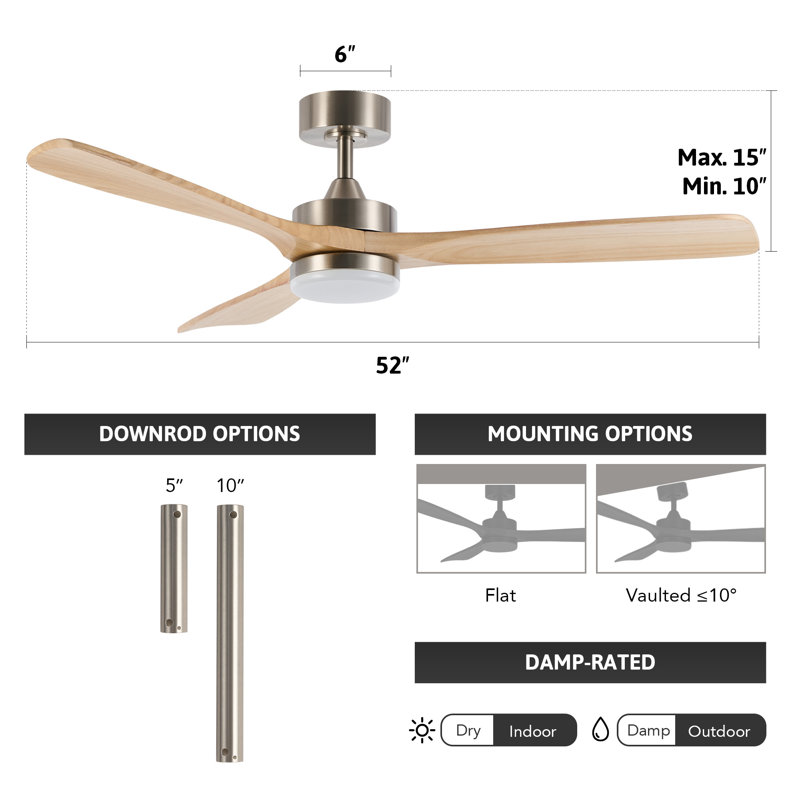 52" Brechter 3-Blade LED Ceiling Fan with Light and Remote, Nickel with Natural Wood Blades