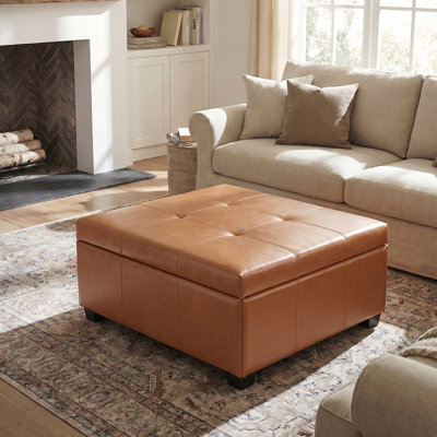 Pouf de rangement carré avec table basse intégrée - 87 x 87 x 46,5 cm - Cuir PU - 1 pièce - Pouf de rangement - Caramel - Charnière hydraulique
