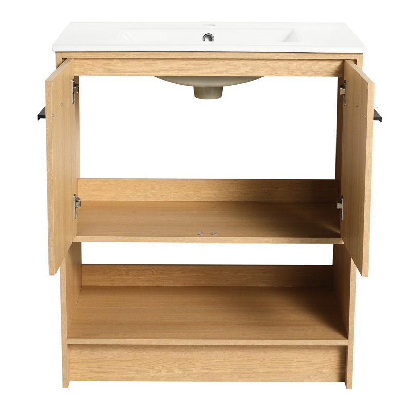 Meuble-lavabo de 76 cm avec lavabo en céramique. Mobilier autoportant en contreplaqué. 2 portes. Élégant. Montage facile. Structure en chêne, style attrayant.