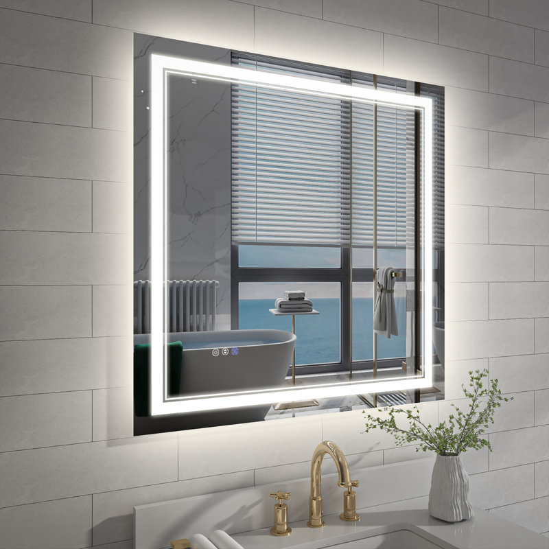 Miroir de salle de bain à DEL à intensité variable avec fonction de désembuage, Square, 36 po x 36 po