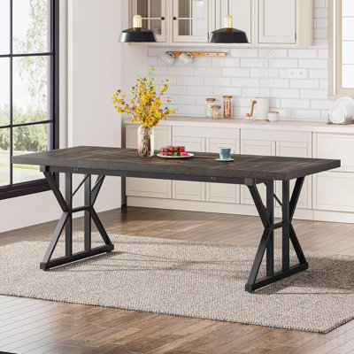 71" Farmhouse Dining Table For 6, Rustic Rectangular Kitchen Table With X-Trestle Metal Legs, Wood Top Dinner Table For Dining Room, Rustic Black