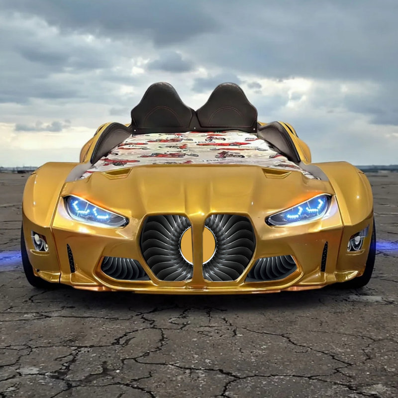 GTM Twin Race Car Bed With LED Lights An Sound FX, Gold