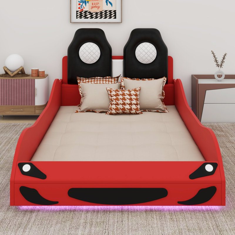Wood Race Car-Shaped Platform Bed With LED And Upholstered Backrest, Red