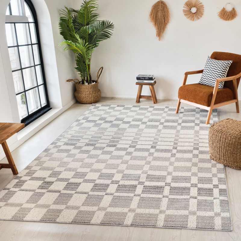 Tapis à motif géométrique gris / beige 4 pi x 6 pi (3 pi 11 po x 5 pi 7 po) à motif de branches Ebonie, tapis contemporain, à poils courts et résistant aux taches