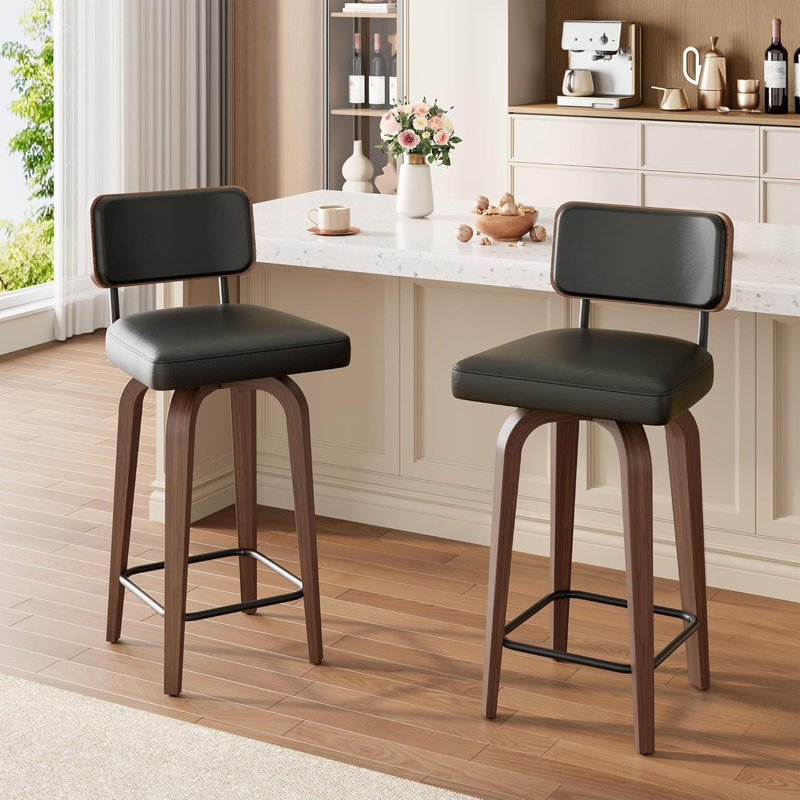 Ensemble de 2 tabourets de bar pivotants 26 po, 2 chaises de comptoir en similicuir avec pieds en bois de noyer, noir, Noir