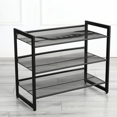 3 - Tier Freestanding Shoe Storage For Front Door And Entryway, Black Metal Rack With Higher Wider Mesh Shelves, 2 Adjustable Angles, 4 Non Slip End Caps, Easy Assembly Space Optimization Entryway