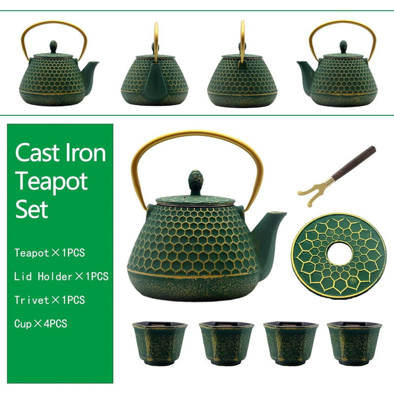 Ensemble de théière en fonte Ensemble de théières à motif hexagonal avec tasses recouvertes d'une théière en fonte durable avec infuseur en acier inoxydable