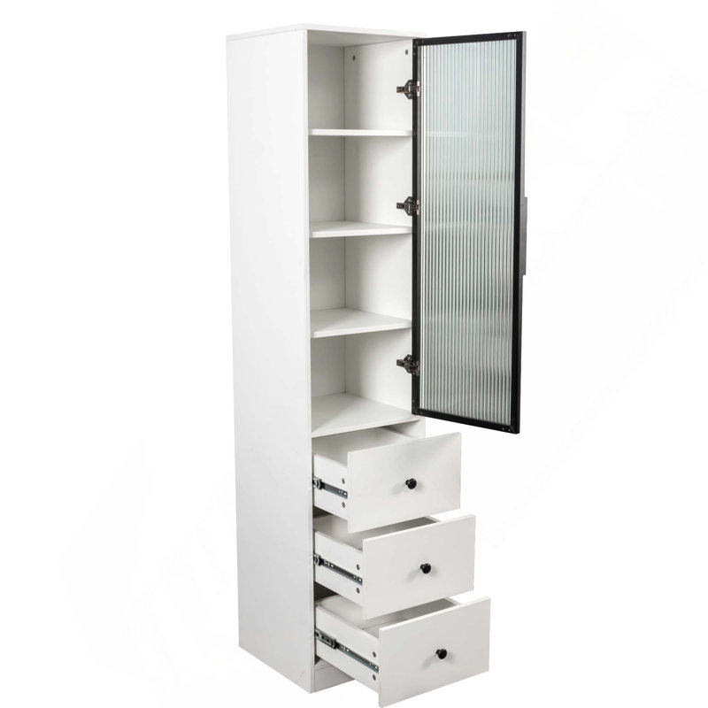 Grande armoire de rangement pour salle de bain avec porte en verre et tiroirs pour un rangement polyvalent dans plusieurs pièces