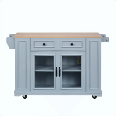 Mobile Kitchen Island with Glass Door Storage, Power Outlet & Open Shelves, Rolling Kitchen Cart with Towel Rack, Spice Rack & Knife Holder, Functional Kitchen Prep Table for Kitchen, Dining