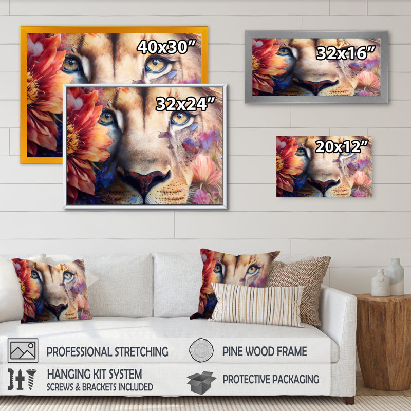 Portrait de lion avec fleurs II - reproduction sur toile, H 16 po x l 32 po x P 1 po, Toile à cadre flottant doré