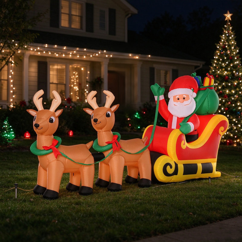 Père Noël gonflable de 1 m avec traîneau et 2 rennes, décor de jardin lumineux de Noël en polyester rouge et jaune