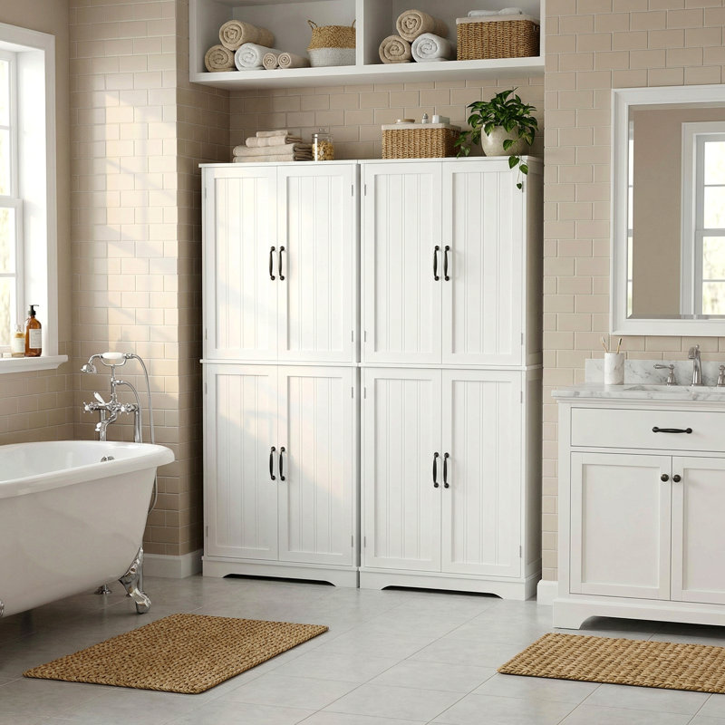 Ensemble de rangement pour salle de bain deux pièces - Armoire en panneau de fibres à densité moyenne de 71 po de hauteur avec finition blanche élégante et poignées noires