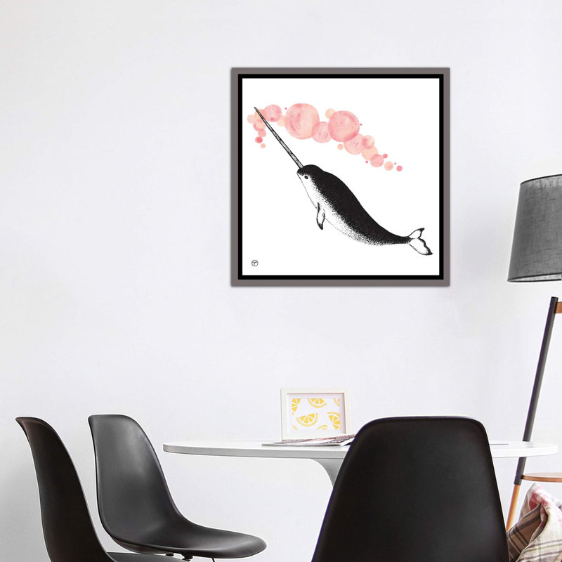 Art papier narwhal, H 18 po x l 18 po x P 1,5 po, Toile encadrée de bois rustique foncé