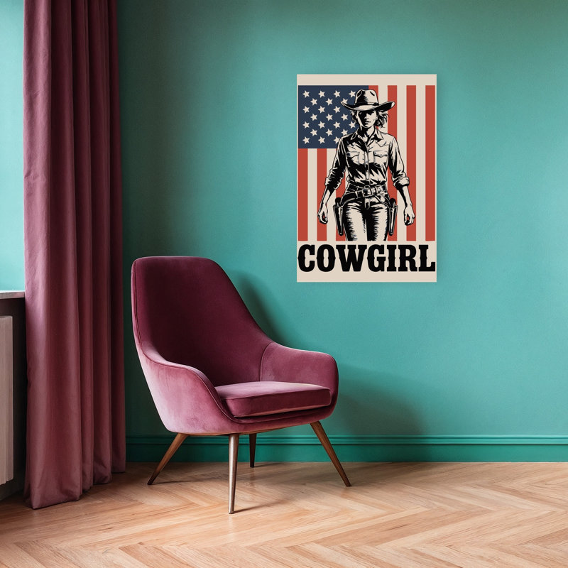«Cowgirl», drapeau américain, rétro, paysage rétro, art mural, 36" H x 24" W