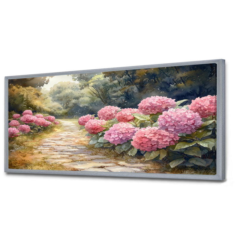 Hydrangées par le chemin de pierre I - hydrangées, art mural sur toile, Argent argent, H 28 po x l 60 po