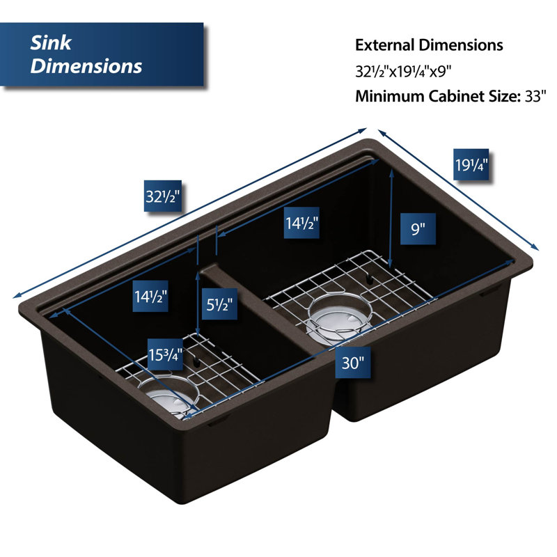Quartz Undermount Sinks 32.5'' L Double Bowl Kitchen Sink, Brown
