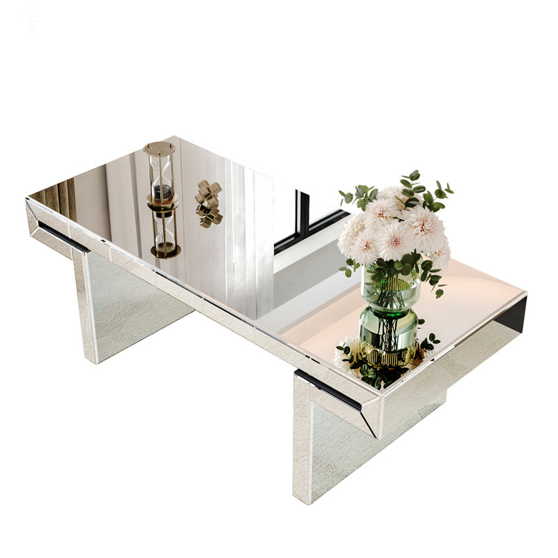 47 Inches Luxury Rectangular Mirror Coffee Table with Fluted Tempe Glass, Modern Sofa Side Table, Easy 2-Step Assembly, Light Luxury Style, Reinforced Packaging