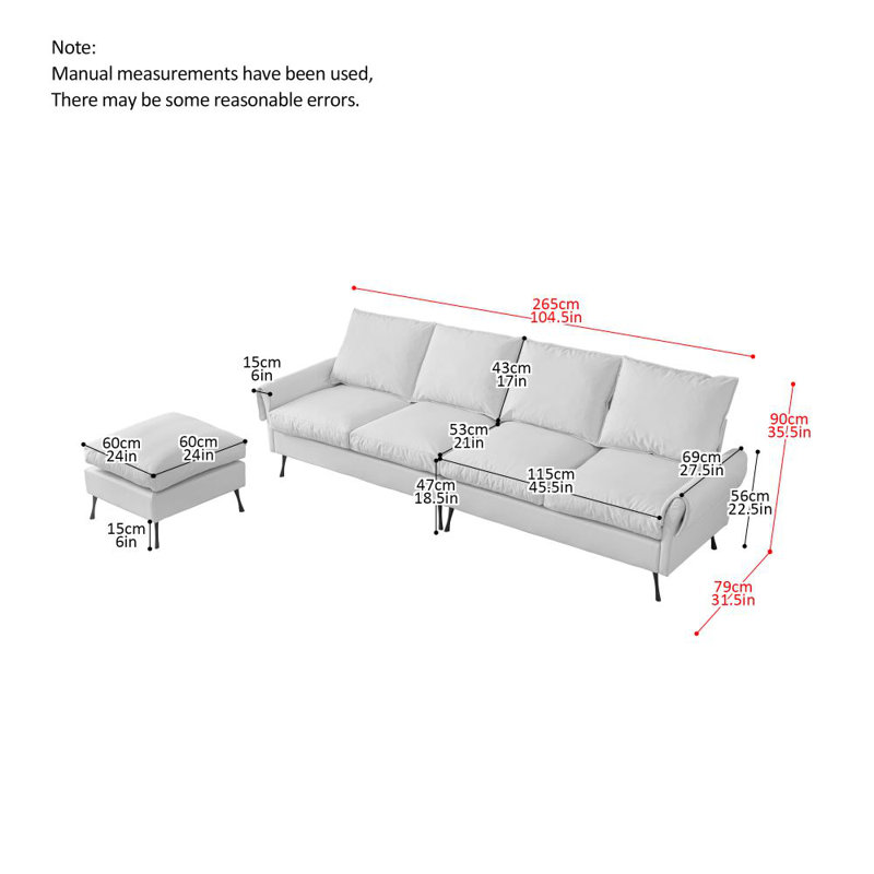 105" Modern Technical leather L-Shaped Sofa Upholstered with Ottoman, Black